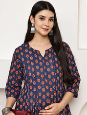 Navy Blue Floral Cotton Maternity Kurta with Trouser