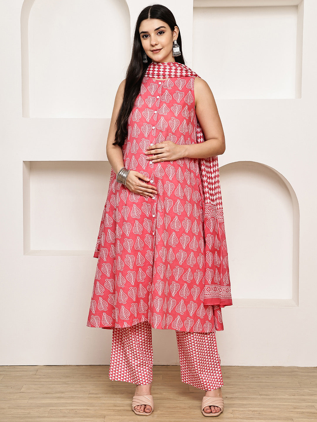 Pink Leaf Cotton Maternity Kurta with Trouser and Dupatta