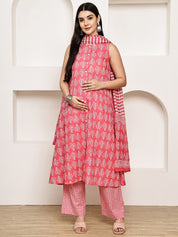 Pink Leaf Cotton Maternity Kurta with Trouser and Dupatta