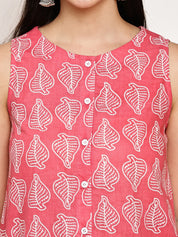 Pink Leaf Cotton Maternity Kurta with Trouser and Dupatta