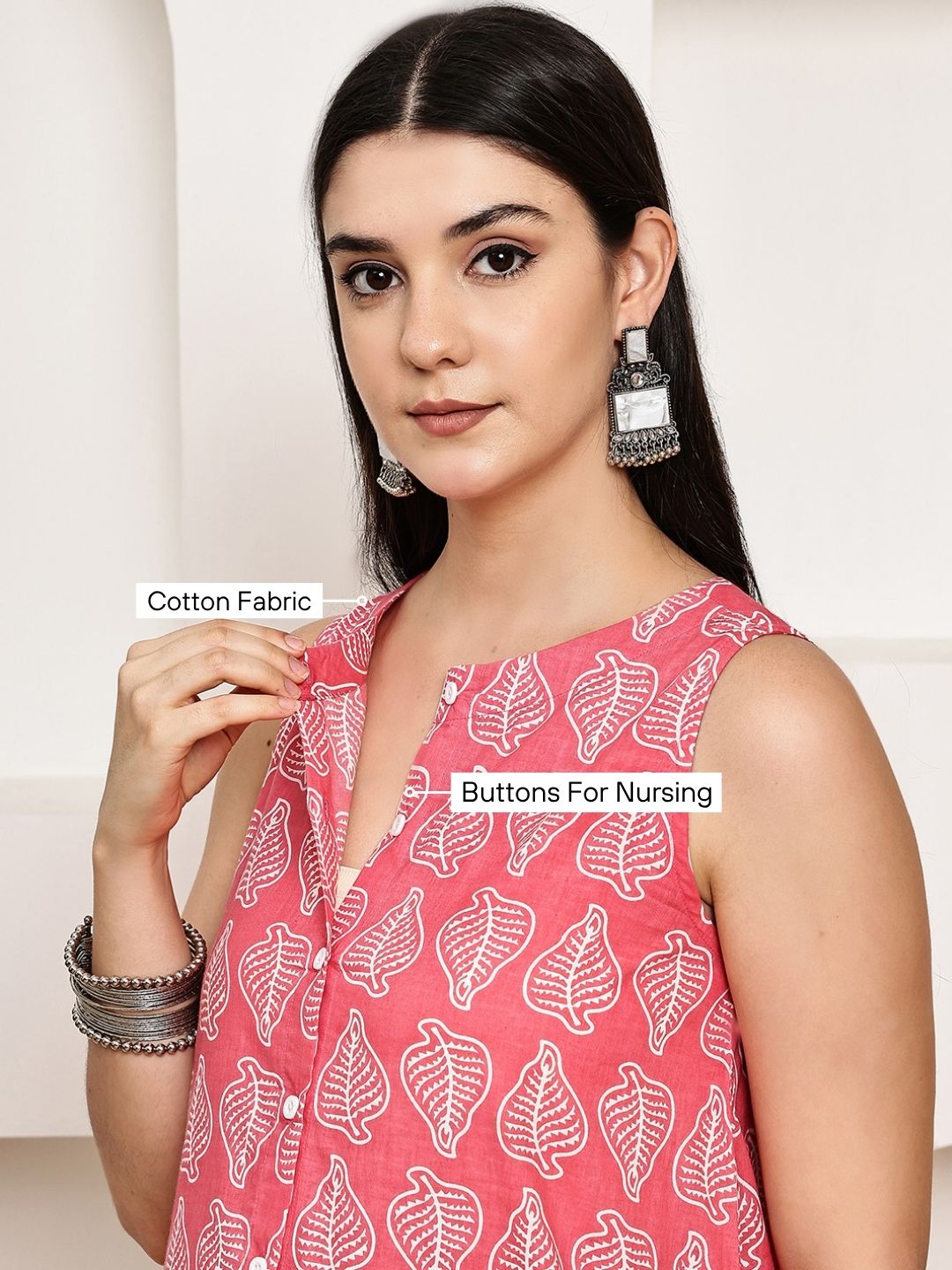 Pink Leaf Cotton Maternity Kurta with Trouser and Dupatta