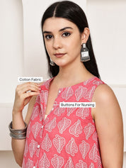 Pink Leaf Cotton Maternity Kurta with Trouser and Dupatta