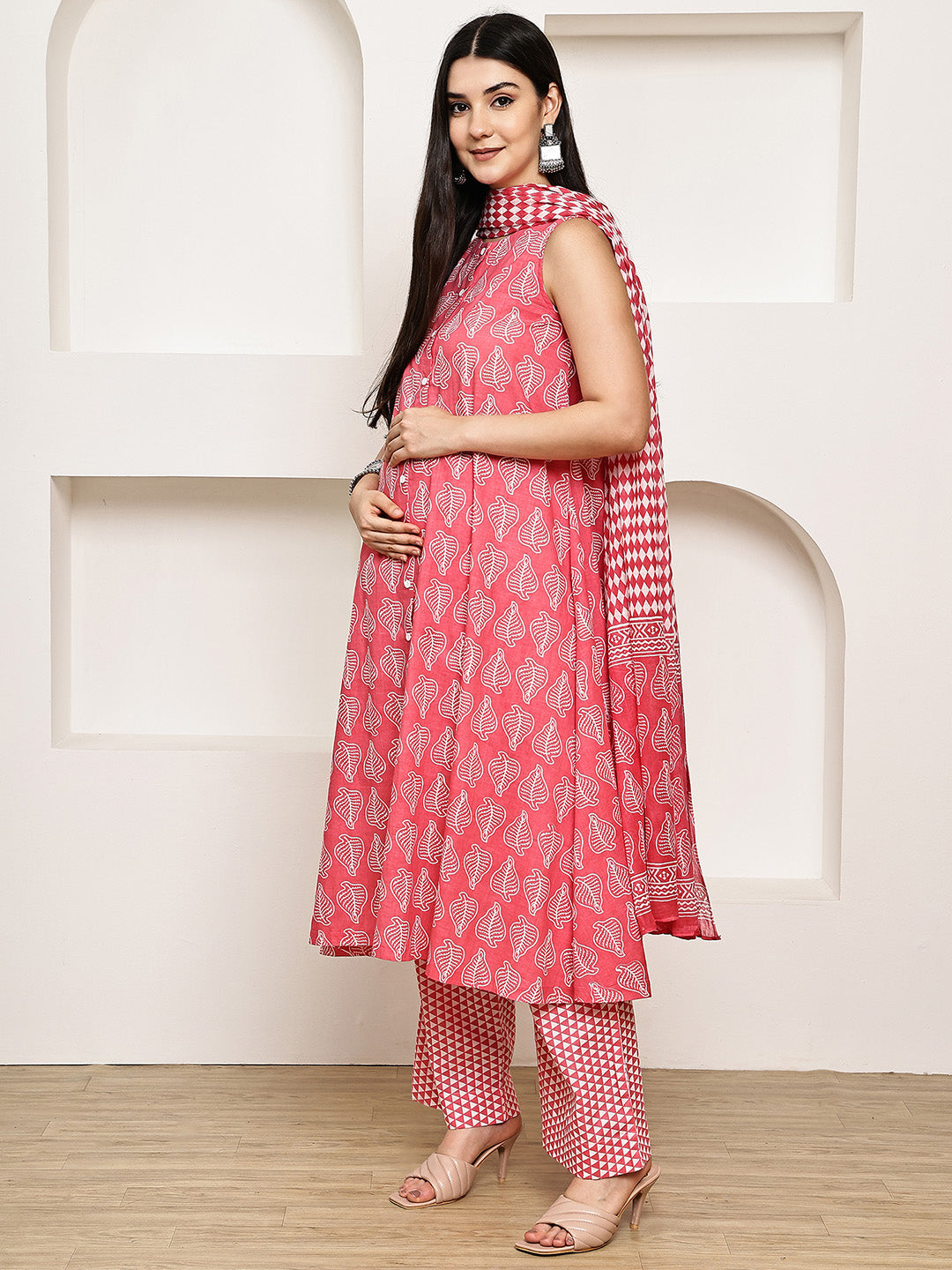 Pink Leaf Cotton Maternity Kurta with Trouser and Dupatta