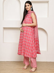 Pink Leaf Cotton Maternity Kurta with Trouser and Dupatta