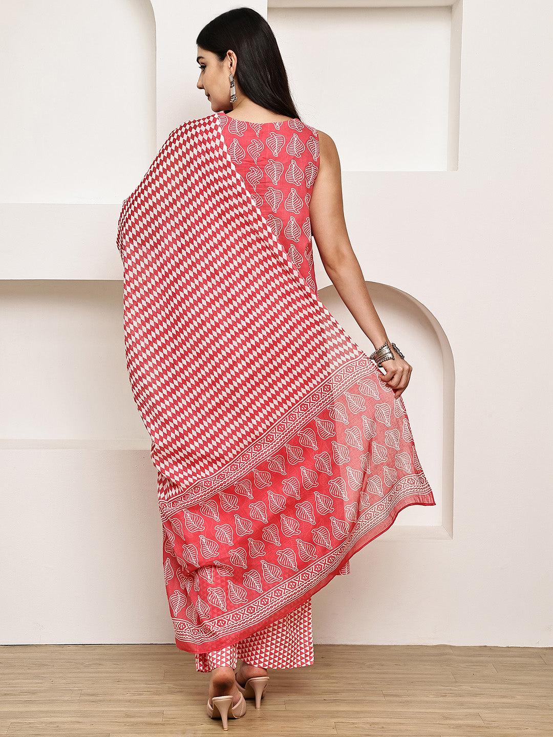 Pink Leaf Cotton Maternity Kurta with Trouser and Dupatta