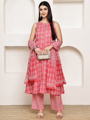 Pink Leaf Cotton Maternity Kurta with Trouser and Dupatta