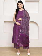 Purple Bandhani Cotton Maternity Kurta with Trouser and Dupatta
