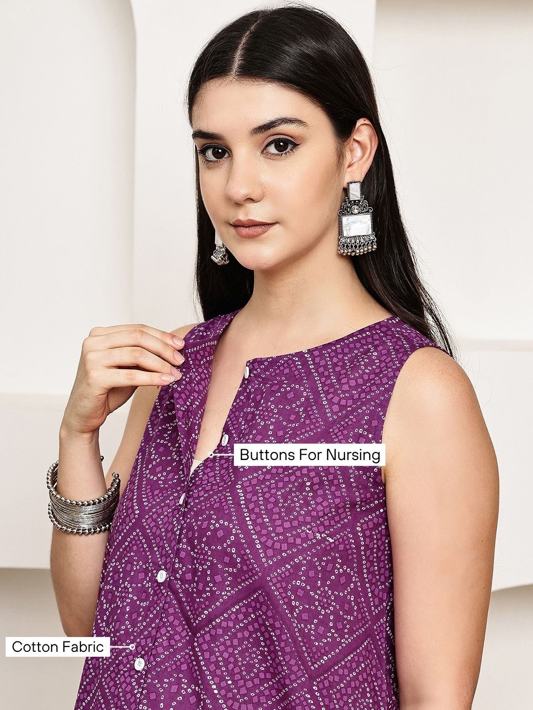 Purple Bandhani Cotton Maternity Kurta with Trouser and Dupatta