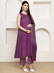 Purple Bandhani Cotton Maternity Kurta with Trouser and Dupatta