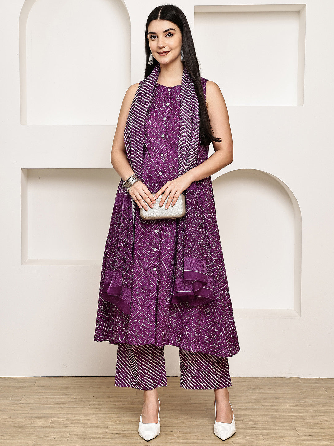 Purple Bandhani Cotton Maternity Kurta with Trouser and Dupatta