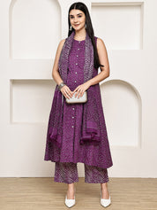 Purple Bandhani Cotton Maternity Kurta with Trouser and Dupatta