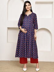 Navy Blue Floral Cotton Maternity Kurta with Trouser