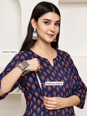 Navy Blue Floral Cotton Maternity Kurta with Trouser
