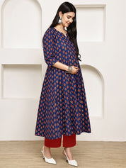 Navy Blue Floral Cotton Maternity Kurta with Trouser