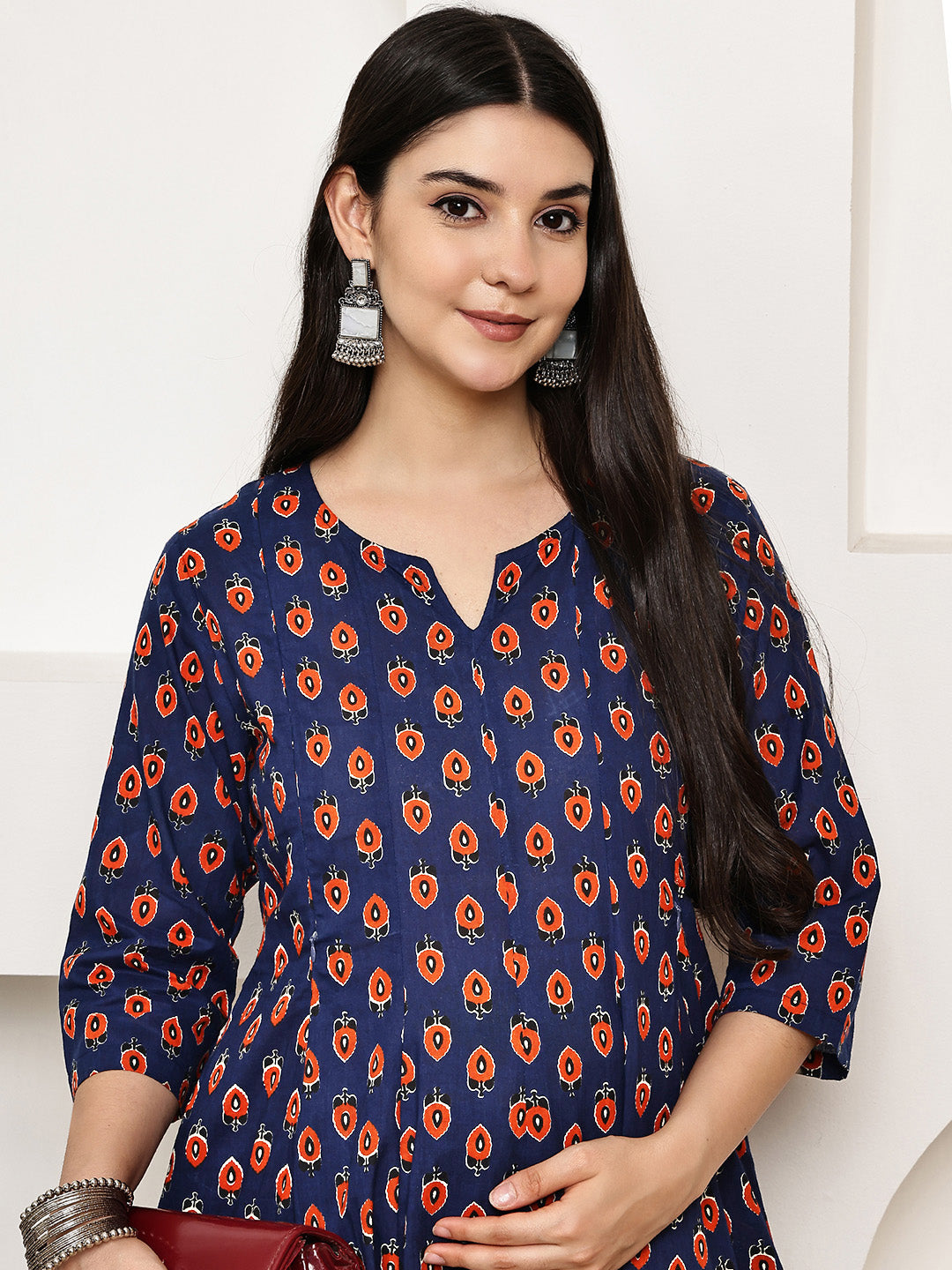 Navy Blue Floral Cotton Maternity Kurta with Trouser