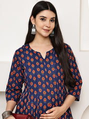 Navy Blue Floral Cotton Maternity Kurta with Trouser