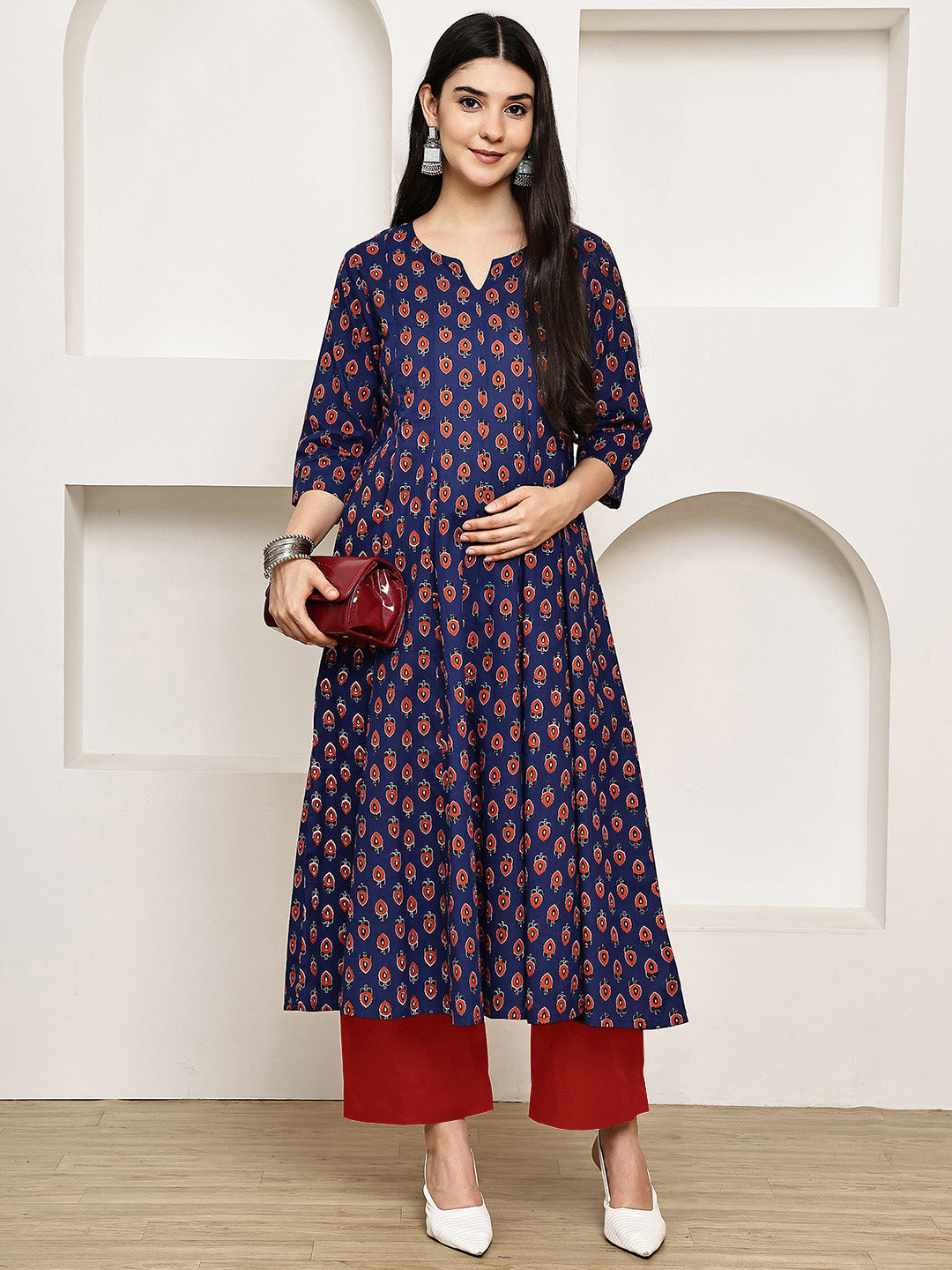 Navy Blue Floral Cotton Maternity Kurta with Trouser