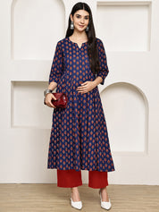 Navy Blue Floral Cotton Maternity Kurta with Trouser