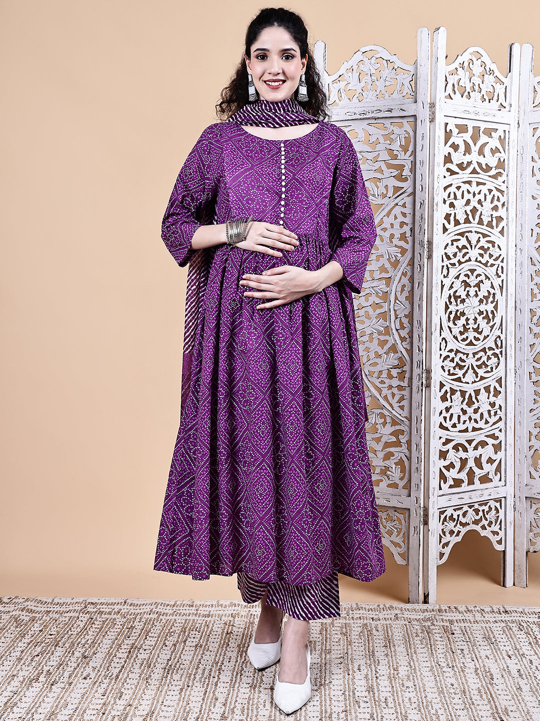 Purple Bandhani Cotton Maternity Kurta with Trouser and Dupatta