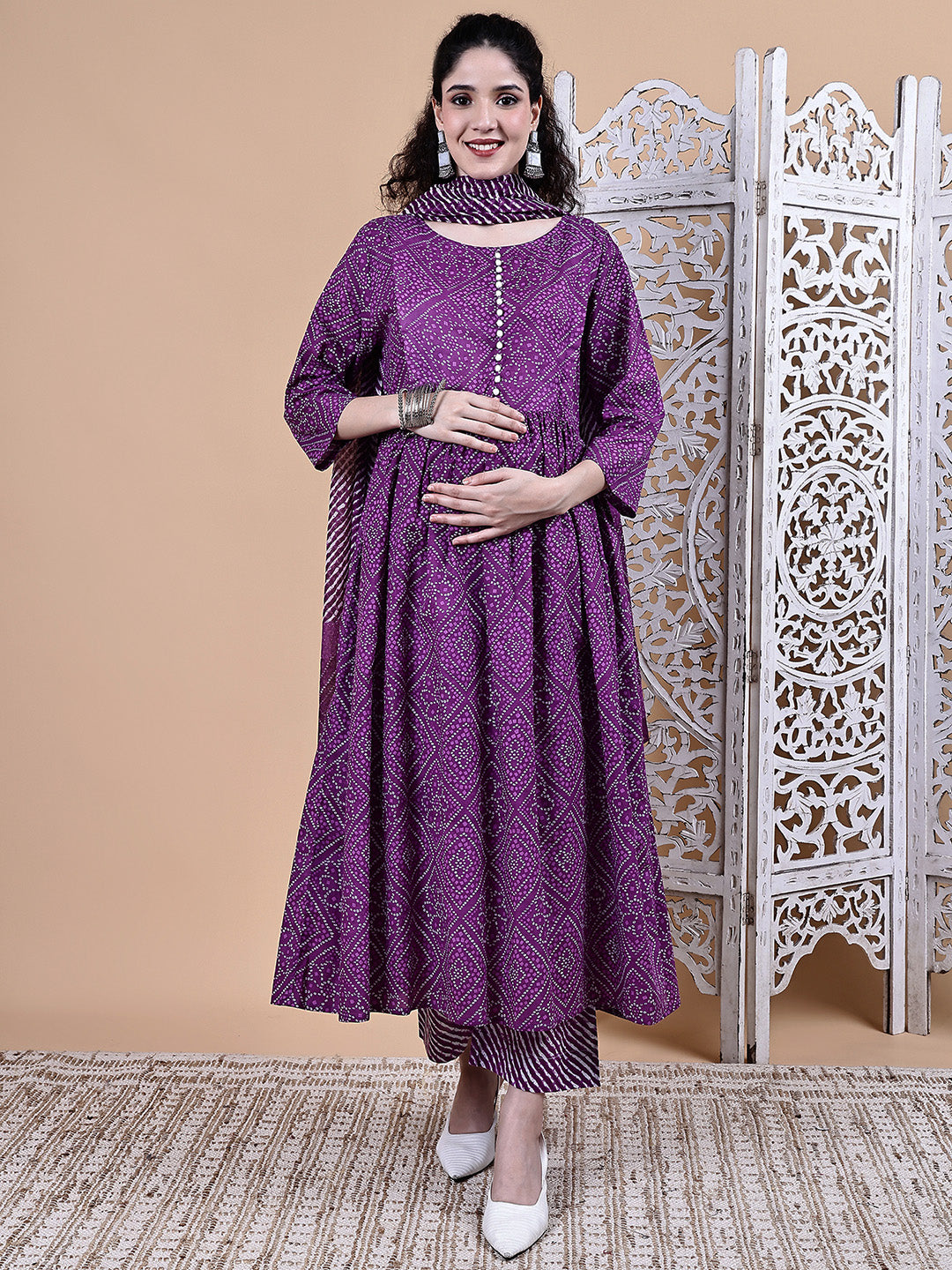 Purple Bandhani Cotton Maternity Kurta with Trouser and Dupatta