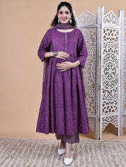 Purple Bandhani Cotton Maternity Kurta with Trouser and Dupatta