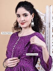 Purple Bandhani Cotton Maternity Kurta with Trouser and Dupatta