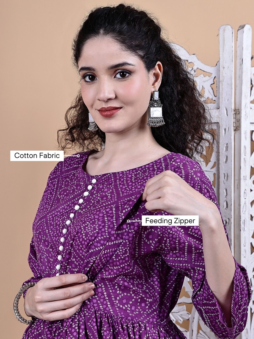 Purple Bandhani Cotton Maternity Kurta with Trouser and Dupatta