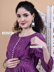 Purple Bandhani Cotton Maternity Kurta with Trouser and Dupatta