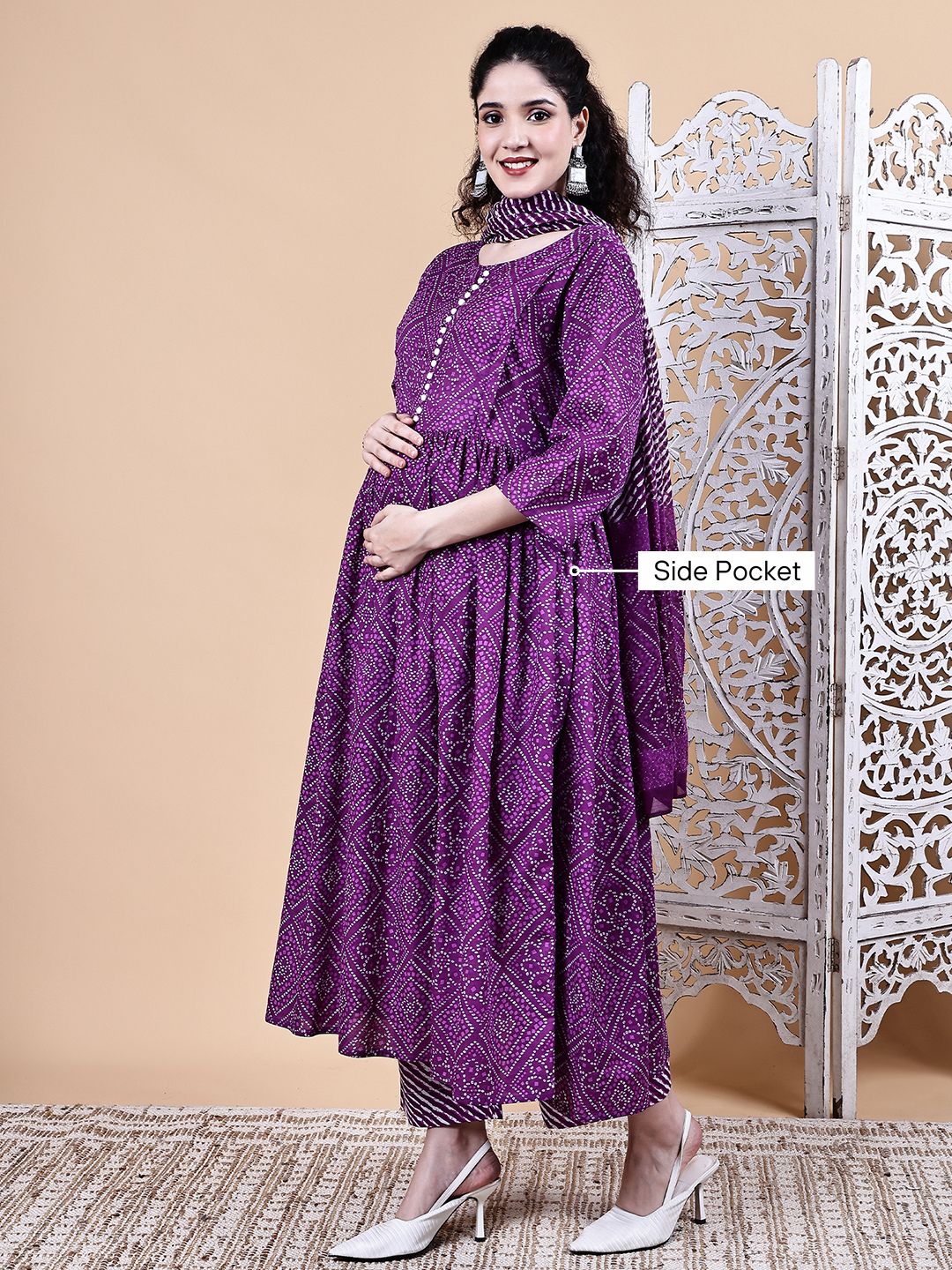 Purple Bandhani Cotton Maternity Kurta with Trouser and Dupatta