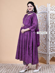 Purple Bandhani Cotton Maternity Kurta with Trouser and Dupatta