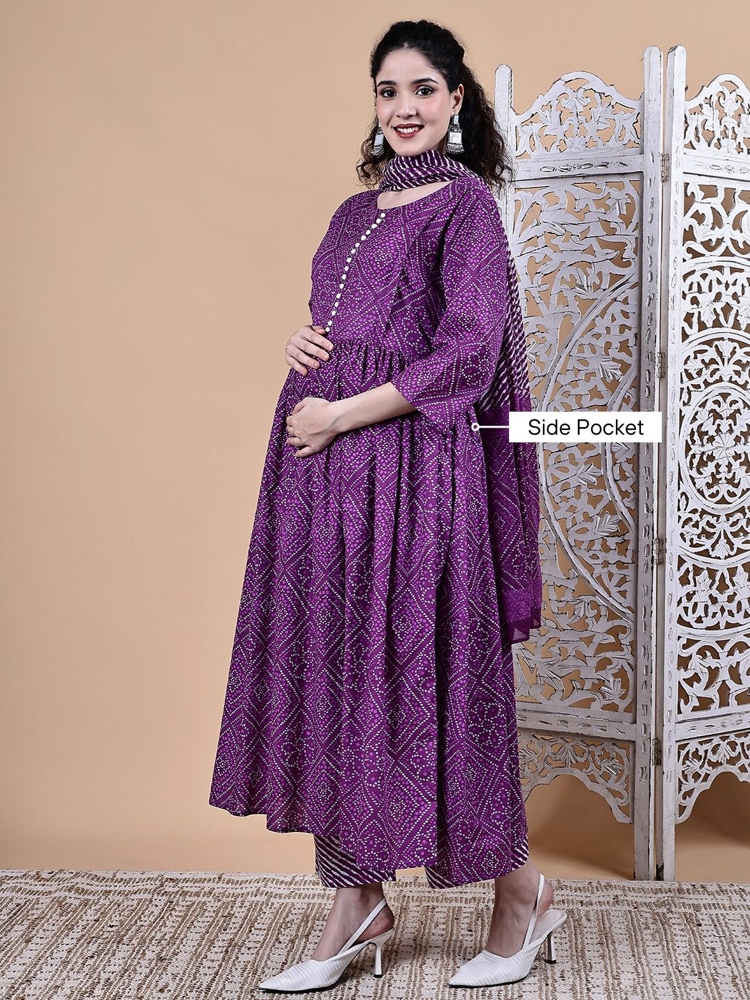 Purple Bandhani Cotton Maternity Kurta with Trouser and Dupatta