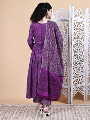 Purple Bandhani Cotton Maternity Kurta with Trouser and Dupatta
