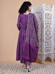 Purple Bandhani Cotton Maternity Kurta with Trouser and Dupatta