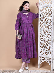 Purple Bandhani Cotton Maternity Kurta with Trouser and Dupatta