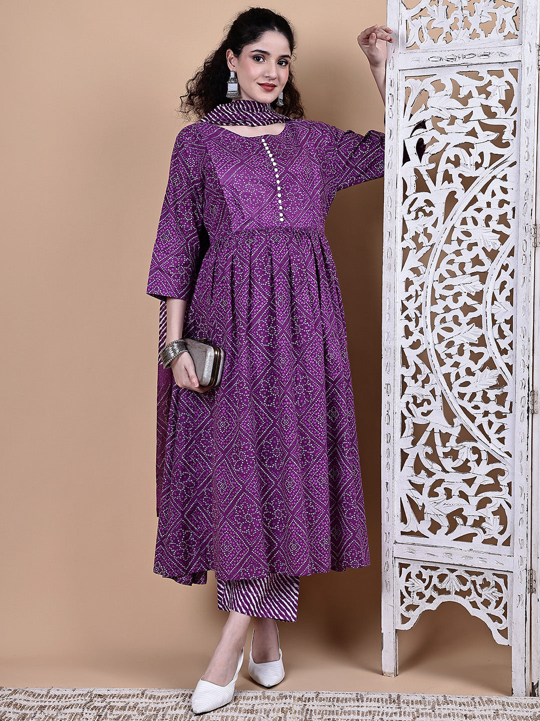 Purple Bandhani Cotton Maternity Kurta with Trouser and Dupatta