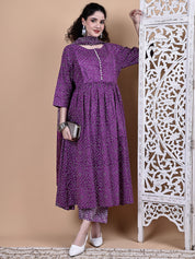Purple Bandhani Cotton Maternity Kurta with Trouser and Dupatta