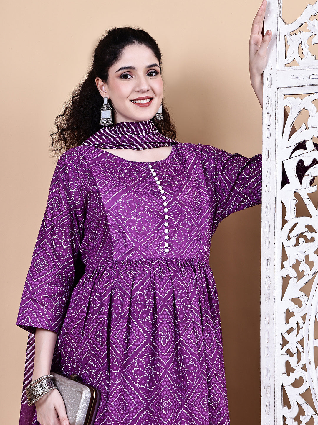 Purple Bandhani Cotton Maternity Kurta with Trouser and Dupatta