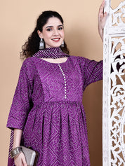 Purple Bandhani Cotton Maternity Kurta with Trouser and Dupatta