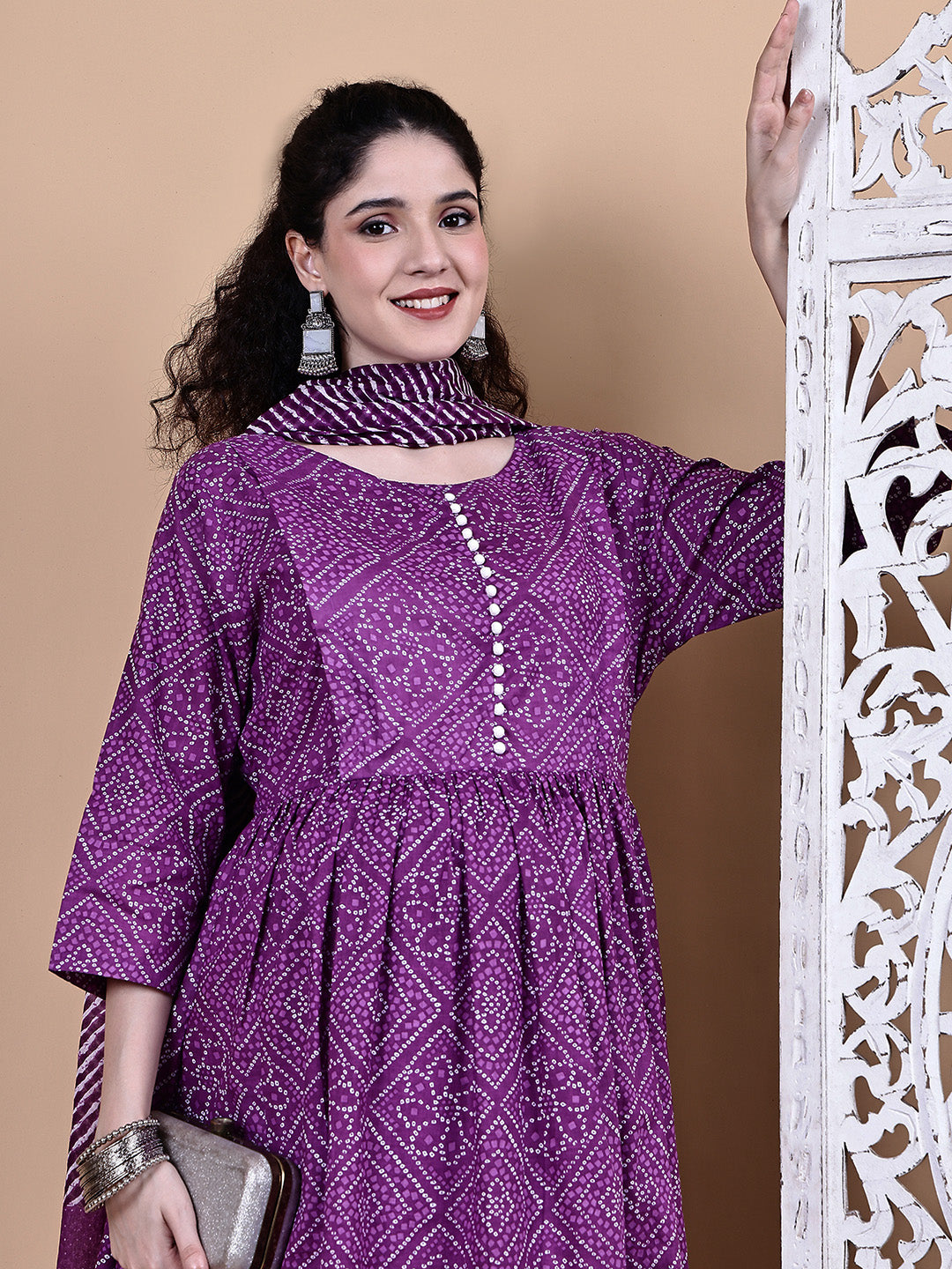 Purple Bandhani Cotton Maternity Kurta with Trouser and Dupatta