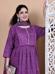 Purple Bandhani Cotton Maternity Kurta with Trouser and Dupatta