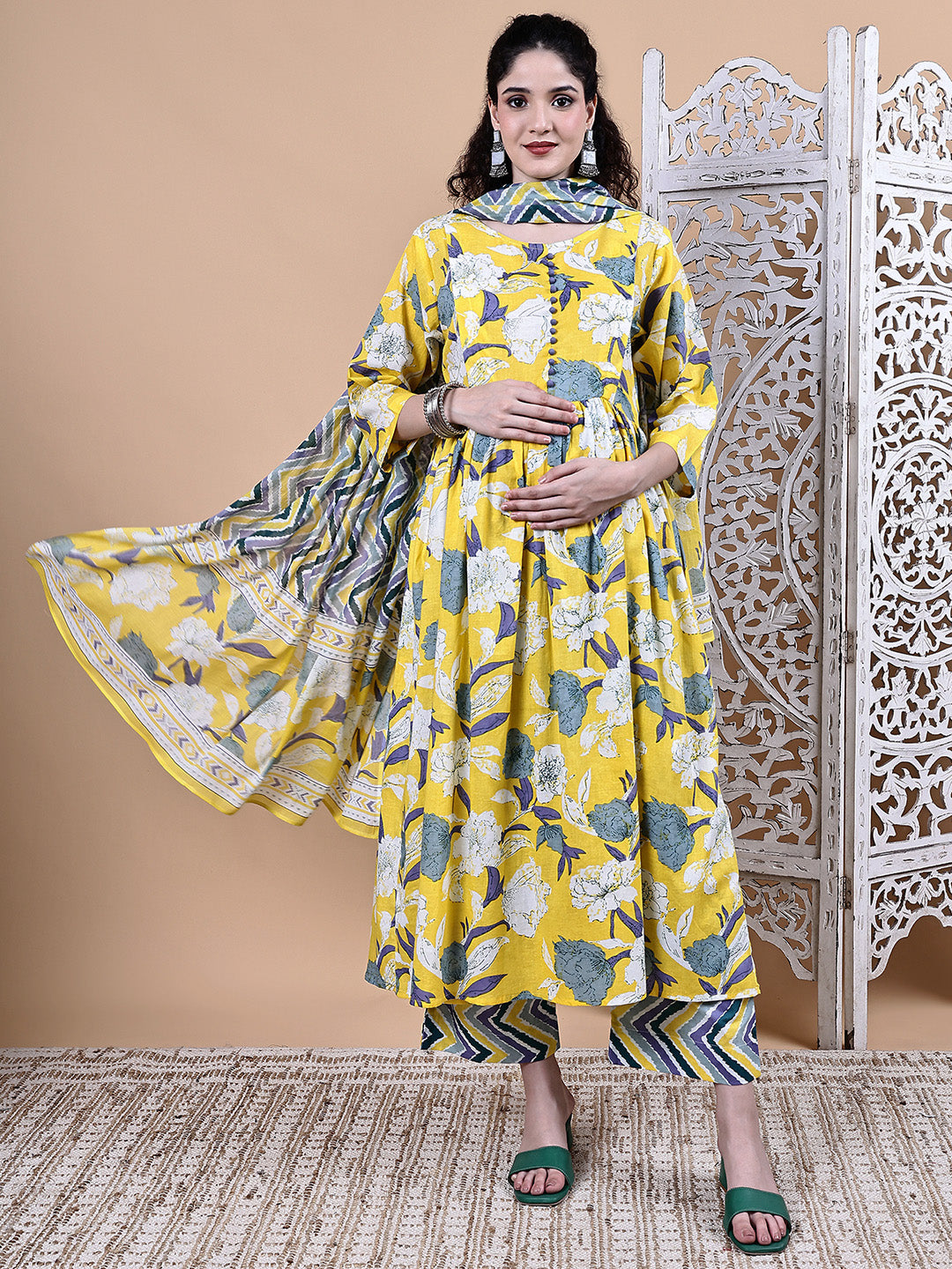 Yellow Floral Cotton Maternity Kurta with Trouser and Dupatta