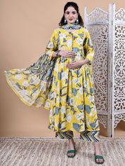 Yellow Floral Cotton Maternity Kurta with Trouser and Dupatta