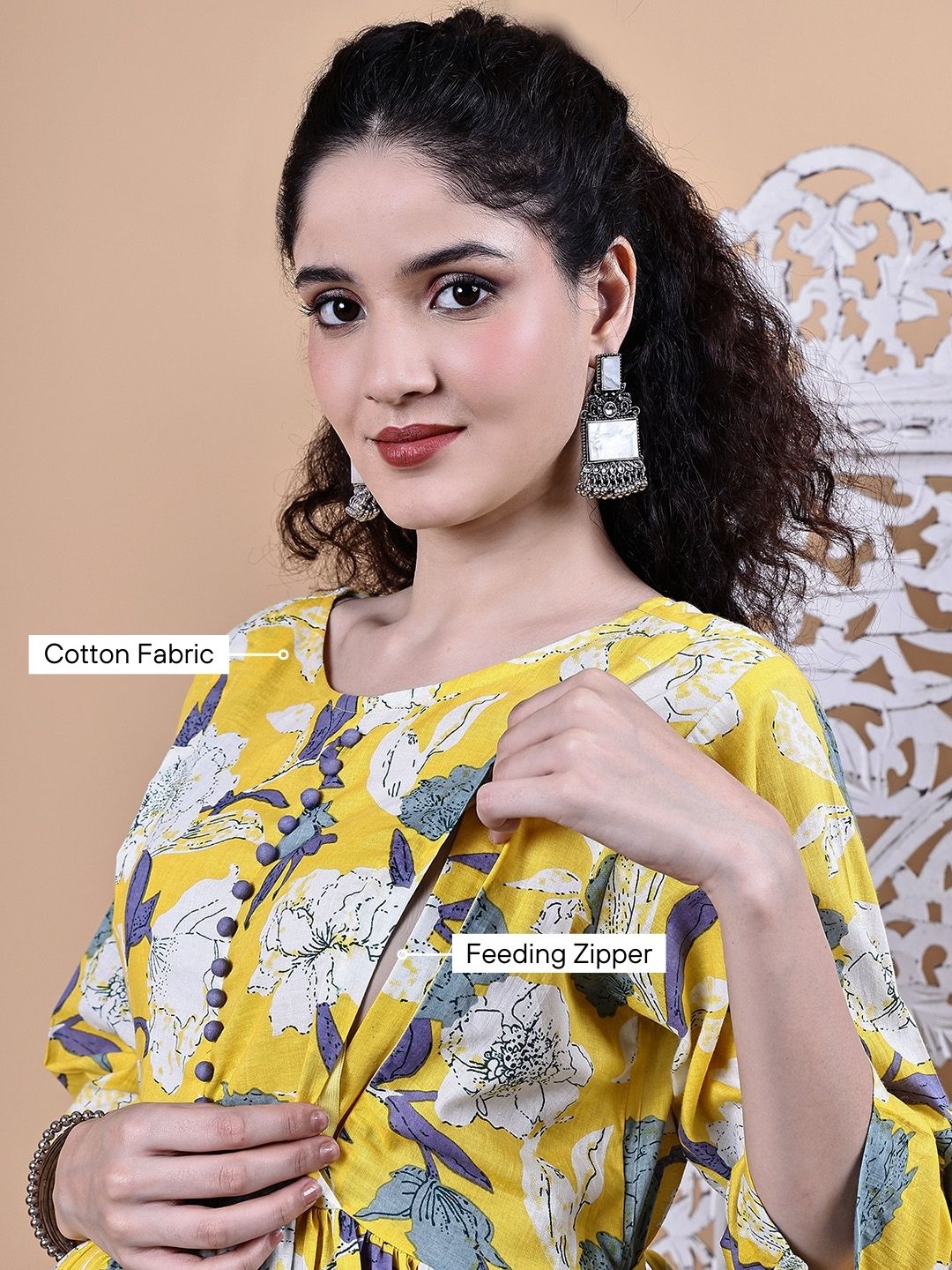 Yellow Floral Cotton Maternity Kurta with Trouser and Dupatta