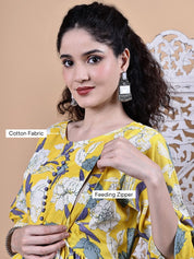 Yellow Floral Cotton Maternity Kurta with Trouser and Dupatta