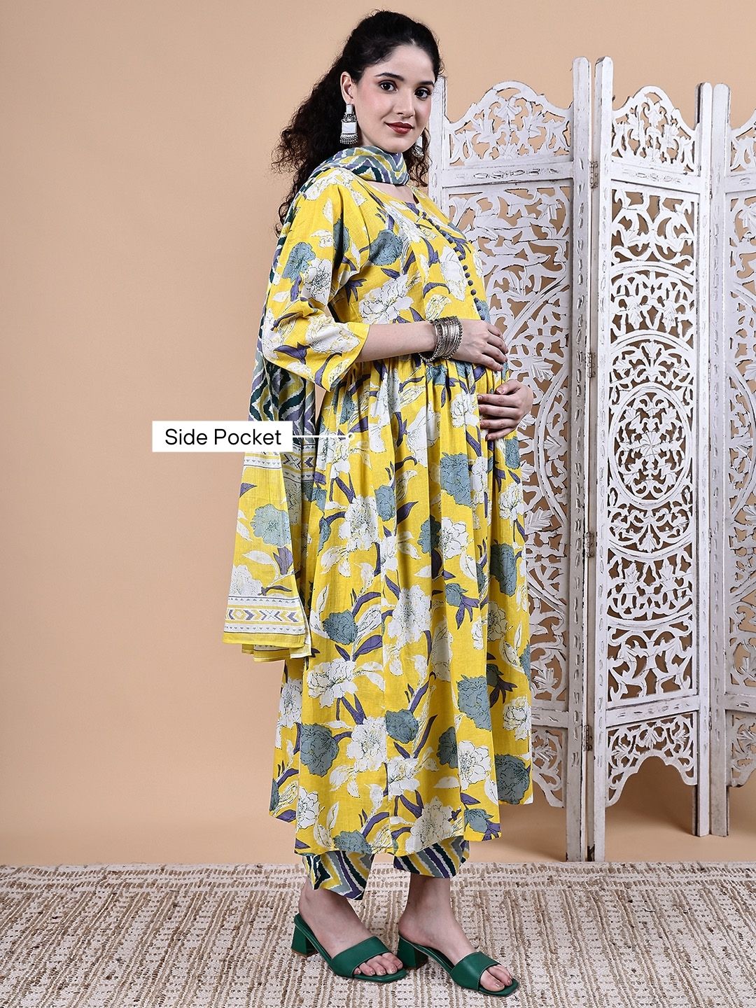 Yellow Floral Cotton Maternity Kurta with Trouser and Dupatta