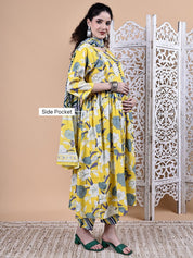 Yellow Floral Cotton Maternity Kurta with Trouser and Dupatta