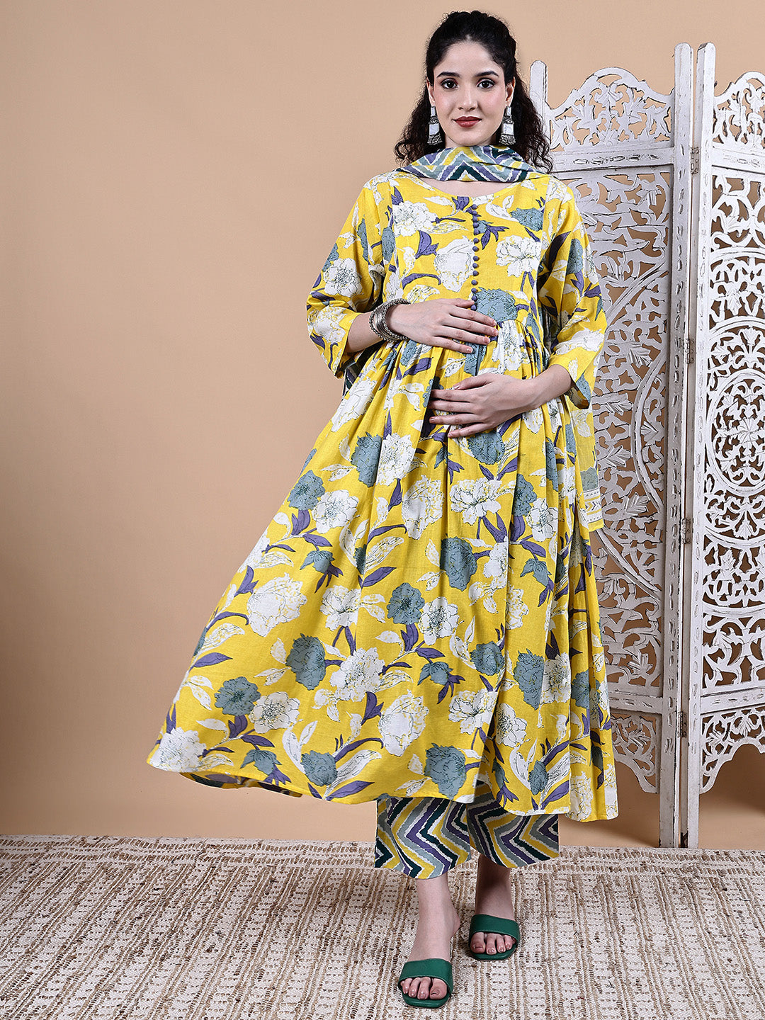 Yellow Floral Cotton Maternity Kurta with Trouser and Dupatta