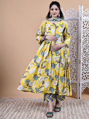 Yellow Floral Cotton Maternity Kurta with Trouser and Dupatta
