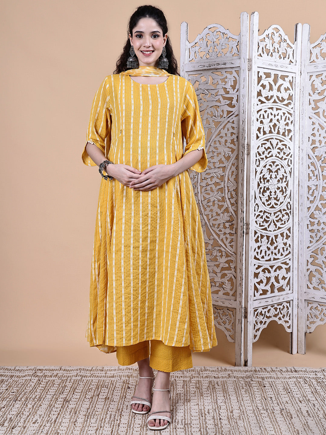 Yellow Ikkat Stripe Cotton Maternity Kurta with Trouser and Dupatta