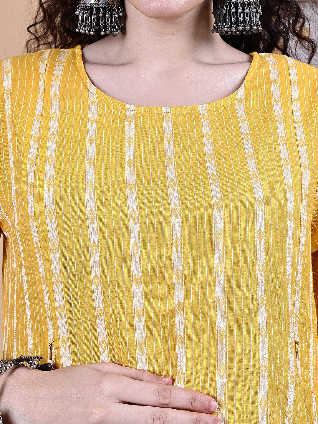 Yellow Ikkat Stripe Cotton Maternity Kurta with Trouser and Dupatta